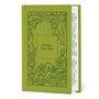 „Grimm’s Fairy Tales“ auf grünem Buchdeckel, mit gezeichneten Bäumen, Mond und Blumen verziert.