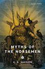"Myths of the Norsemen" von H. A. Guerber. Illustration: Krieger mit Speer, Raben, Wolf, auf einem Thron.