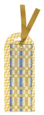 Rechteckiges Lesezeichen mit geometrischem Muster in Blau, Gold, Weiß und Gelb, mit gelbem Band oben.