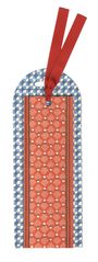 Ein dekoratives Lesezeichen, farbenfroh mit roten und blauen geometrischen Mustern und einem roten Band.