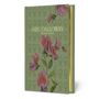 Grüne Buchhülle mit dem Text "Mrs. Dalloway" und "Virginia Woolf", darauf violette Blumen und goldene Buchseiten.