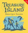 "Treasure Island, Robert Louis Stevenson." Silhouetten von zwei Figuren, Pirat mit Papagei, Schatztruhe, gelber Hintergrund.