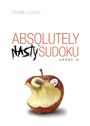 „Frank Longo. ABSOLUTELY NASTY SUDOKU LEVEL 4.“ Illustration: Ein angebissener Apfel mit Sudoku-Muster und Wurm.