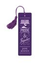 Buchzeichen mit "PRIDE & Prejudice" und "JANE AUSTEN" in Weiß auf Lila, verziert mit einem Quastenband.