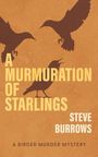 „A Murmuration of Starlings“ von Steve Burrows. Drei stilisierte Vögel in Braun auf hellbraunem Hintergrund.