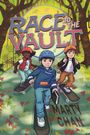 Text: "Race to the Vault", "Marty Chan". Illustration von drei Kindern auf Skateboards, herbstlicher Waldhintergrund.