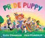 "Pride Puppy Countdown" in bunten Buchstaben. Menschen feiern mit Regenbogenflaggen und einem fröhlichen Hund.