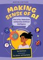 "Making Sense of AI", Anleitungen über KI. Ein Kind mit Zahnrädern, Fragezeichen und Raketen illustriert.