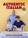 „AUTHENTIC ITALIAN“ in großen Buchstaben. Ein Mann, eine Frau und ein Kind machen zusammen Pasta.