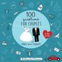 "100 questions for couples", "SECOND EDITION". Illustration mit Hochzeitskleid, Anzug, Herz, Taube, Auto, Geschenken und Ringen.