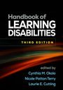 Text: "Handbook of Learning Disabilities Third Edition edited by Cynthia M. Okolo, Nicole Patton Terry, Laurie E. Cutting". Schwarzer Hintergrund mit bunten Lichtstreifen.