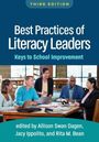 "Best Practices of Literacy Leaders: Keys to School Improvement." Fünf Personen arbeiten an Laptops in einer Bibliothek.