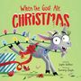"When the Goat Ate Christmas". Eine fröhliche Ziege mit großen Augen, umwickelt mit bunten Lichtern und Geschenkband.