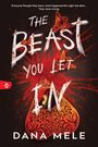 Text: "The Beast You Left In" von Dana Mele. Illustration: rote Mottengrafiken, spitzes Zentrum mit Frauengesicht.