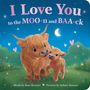 Text: "I Love You to the MOO-n and BAA-ck." Illustration von einem großen und kleinen Tier vor einem nächtlichen Himmel.