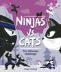 „NINJAS vs. CATS: The Ultimate Challenge“. Illustration: Ninjas, Katzen, Berge, Pagode, Wolken, Blüten.