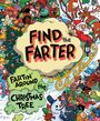 „FIND the FARTER“ und „FARTIN' AROUND the CHRISTMAS TREE“ steht in bunten Buchstaben. Illustration mit Weihnachtsmotiv.