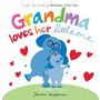 „Grandma loves her little one“ in bunten Buchstaben. Illustration: Zwei blaue Elefanten, umgeben von Herzen.
