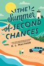 "The Summer of Second Chances, K.L. Walther." Illustration eines Strandes mit Paar, Jeep, Sonnenschirm, Leuchtturm.