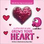 Text: "A little spot of love grows your heart." Illustration: Glitzerndes Herz, rosa Kreisfigur, Herzen im Hintergrund.
