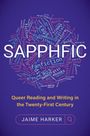 „SAPPHIC“ in großen Buchstaben, umgeben von kleineren LGBTQ+-Begriffen. Unten: „Queer Reading and Writing in the Twenty-First Century“, „JAIME HARKER“.