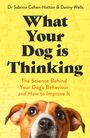 "What Your Dog is Thinking" steht groß, darunter ein Hund mit großen Augen. Hintergrund in Gelb mit Skizzen.