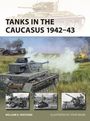 "Tanks in the Caucasus 1942-43" in großer Schrift. Panzerillustration im Hintergrund, Szenen und Fotos aus dem Krieg unten.