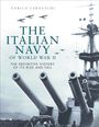 Text: "ENRICO CERHUSCHI, THE ITALIAN NAVY OF WORLD WAR II, THE DEFINITIVE HISTORY OF ITS RISE AND FALL."  
Schlachtschiffkanonen, fliegende Flugzeuge.