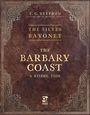 Ein eleganter, verzierter Lederumschlag mit goldener Schrift: "The Barbary Coast: A Rising Tide". Vintage-Stil-Rahmen.