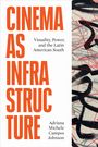 "CINEMA AS INFRASTRUCTURE" in großen roten Buchstaben. Rechts: "Visuality, Power, and the Latin American South". Illustrationen mit schwarzen und roten Linien.