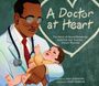 „A Doctor at Heart“ in Kreide auf Tafel. Illustration: Arzt hält Baby, trägt Brille und Stethoskop.