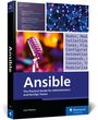 Buchtitel: "Ansible" von Axel Miesen. Ein Mikrofon und ein Netzwerkmuster sind abgebildet. Logo von Rheinwerk Computing.