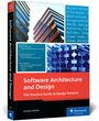 Buchtitel: "Software Architecture and Design." Abbildungen moderner Gebäude, Code-Schnipsel, blauer Hintergrund.
