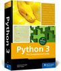 Text: Python 3, The Comprehensive Guide, 2nd Edition. Gelbe Schlange und grünes Puzzle-Muster. Autoren: Johannes Ernesti, Peter Kaiser.