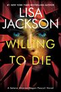 Text: "LISA JACKSON WILLING TO DIE". Gesicht mit blauen Augen, umgeben von roten, scharfkantigen Formen.