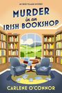 Text: "Murder in an Irish Bookshop" und "Carlene O'Connor". Illustration: Gemütlicher Buchladen mit Sesseln, Bücherregalen und Katze.