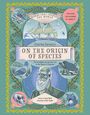 Titel: "On the Origin of Species". Illustration mit Charles Darwin, Vögeln und einem Segelschiff.