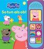 „Peppa Pig“ und „So tun als ob!“ oben. Illustration mit Peppa Pig, Freunden und bunten Symbolen auf einem Spielfeld.