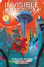 "INVISIBLE KINGDOM", Gewinner-Auszeichnung. Sci-Fi-Stadt mit futuristischen Gebäuden, Person mit rotem Umhang im Vordergrund.
