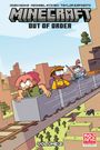 Texte: “Minecraft Out of Order”, “Volume 2”. Cartoon-Charaktere in einem Minenwagen, Landschaft im Spielstil.