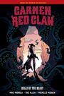 Text: "Carmen Red Claw", "Belly of the Beast". Eine Figur steht in einer Schlucht, umgeben von riesigen Tentakeln.