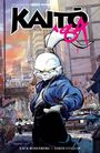 "KAIJŌ '84" in großen schwarzen und pinken Buchstaben. Illustration eines Hasen mit Kleidung in einer Stadt.