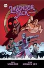 "LAVENDER JACK VOLUME 2". Illustration von drei Figuren. Eine trägt eine Maske und hat einen Stock. Hintergrund rot.