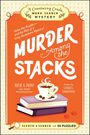 „Murder Among the Stacks“: Orange Hintergrund, Buchstapel, Kaffeetasse, Mystery-Elemente, Cranberry Creek Logo oben.