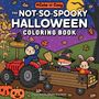 The Not-So-Spooky Halloween Coloring Book. Illustration mit drei Tieren auf einem Traktor, Kürbisse und Maislabyrinth-Schild.