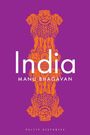 Text: "India", "MANU BHAGAVAN", "POLITY HISTORIES". Illustration eines Ashoka-Löwen auf lila Hintergrund.
