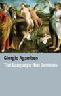 Text: „Giorgio Agamben, The Language that Remains.“ Illustration von Figuren in klassischer Kleidung an einem Brunnen.