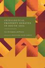 "Intellectual Property Debates in South Asia" steht auf einem grünen Feld, umgeben von bunten, abstrakten geometrischen Formen.