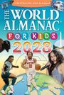 „The World Almanac for Kids 2028“. Bison, Basketballer, Sängerin, Fußballerin, Washington Monument, Weltkarte.