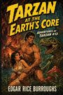 Text: "TARZAN AT THE EARTH'S CORE", "ADVENTURES OF TARZAN #13", "EDGAR RICE BURROUGHS". Illustration: Tarzan mit Frau und Dinosaurier.